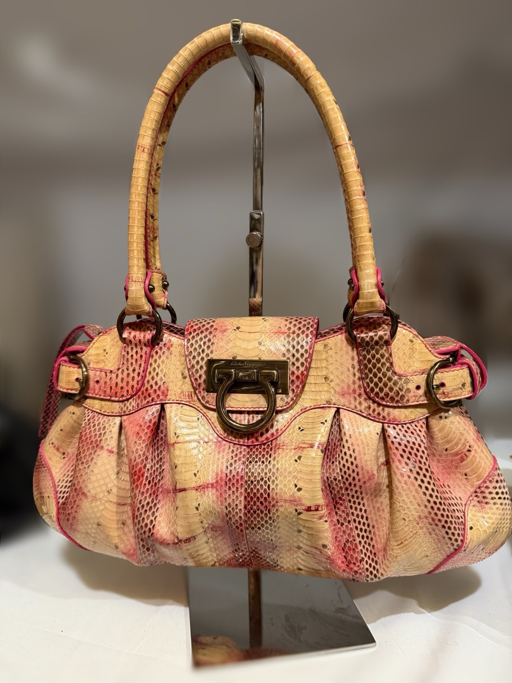 Salvatore Ferragamo Cream and Pink Snake Skin Shoulder Bag